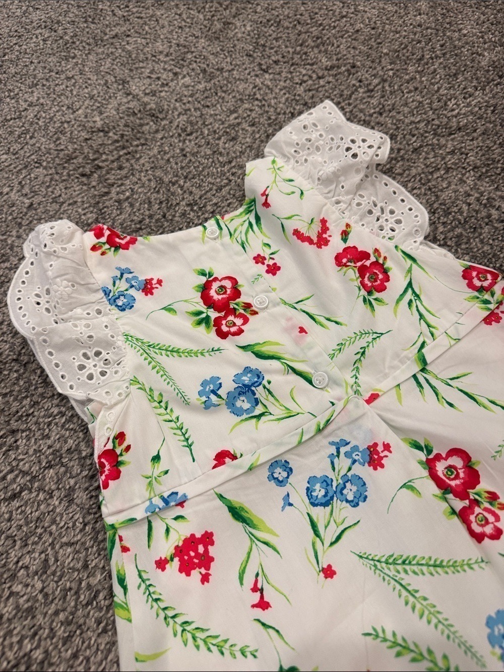 Janie and Jack White Floral Eyelet Sleeve Dress with Red and Blue Flowers - Picture 8 of 9